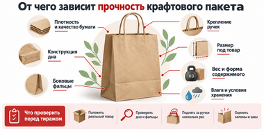 Схема факторов прочности крафтового пакета: бумага, дно, фальцы, ручки и нагрузка